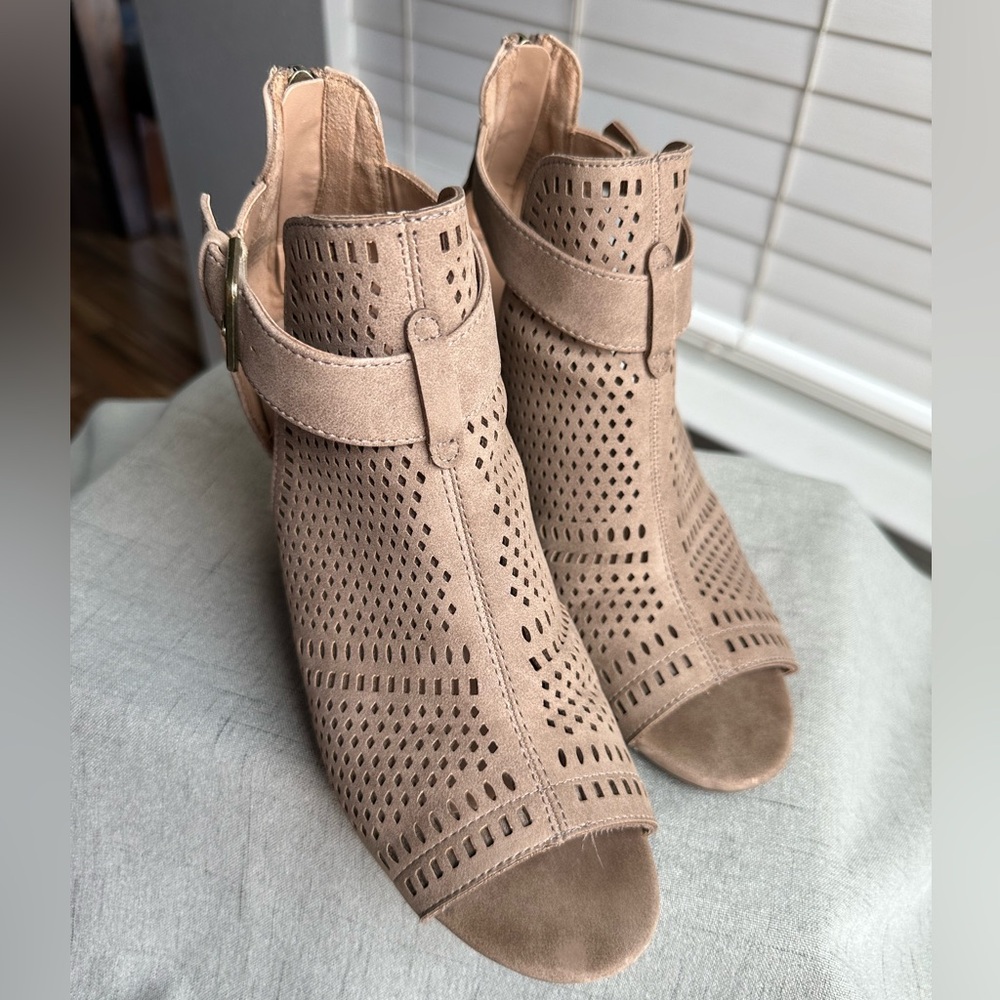 Tan open toe booties